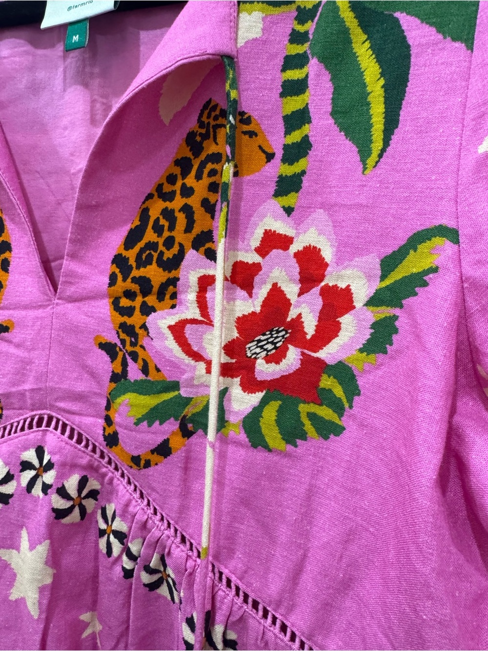 Farm Rio Leopard Forest Mini Dress Pink Linen Blend Beaded Tassels Medium M - Picture 8 of 10